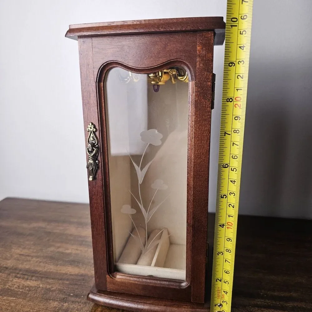 Vintage Wooden Tabletop Jewelry Armoire with Etched Floral Glass Door